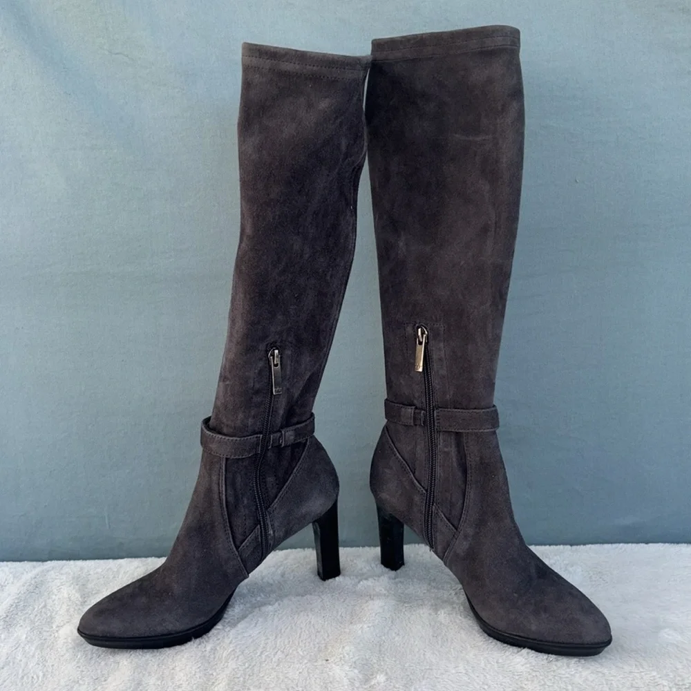 EUC Aquatalia Gray Over the Knee Boots Suede Finish Size 5 Women Leather Heeled